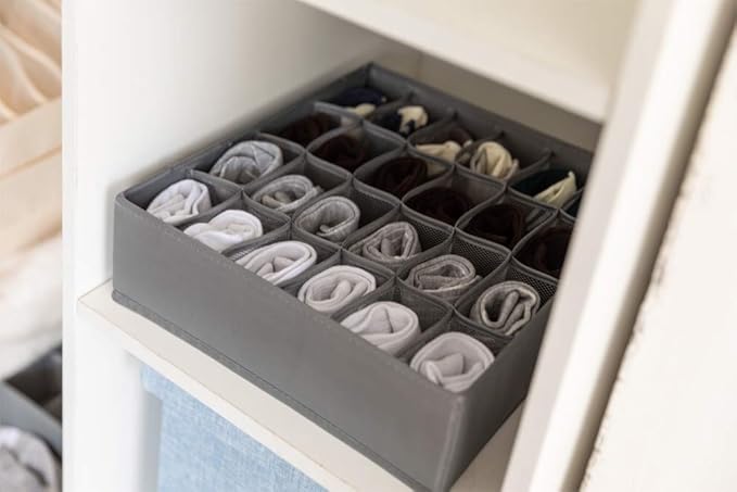 ALYER Collapsible Fabric Drawer Organizer Divider,Closet Storage Box Bins Containers for Panties,Underwear, Ties,Bras, Socks, Lingerie (Gray-24 cells)