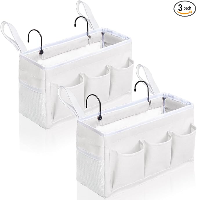 Bedside Caddy Hanging Storage Bag, Organizer Baskets with Pockets for Bunk Bed Accessories, Loft & Dorm Rooms Chair Bed Rails (White-2pcs)