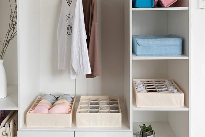 ALYER Collapsible Bra(A-C Cup) Drawer Organizer,Durable Cloth Storage Box Bins Dividers for Panties,Underwear,Socks,Lingerie(Gray-7 Cells)