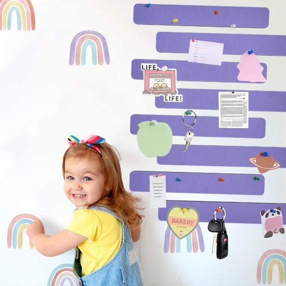 Vuzvuv 8 pcs Bulletin Board Bar Strips with 50 Pushpins & 10 Wooden Clip pins，Self Adhesive Cork Board for Wall，Felt Pin Board for School，Office Decor(Medium Purple)
