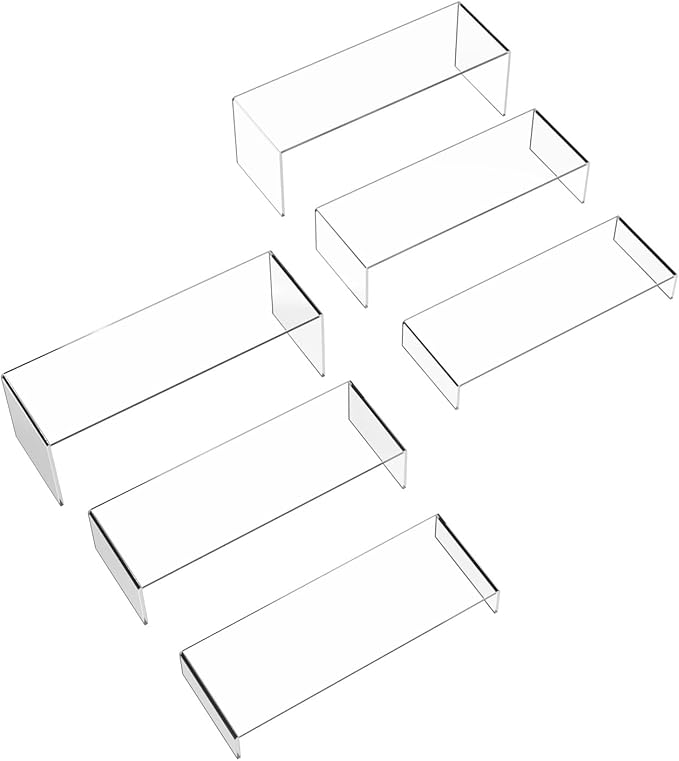 6 PCs Risers Display Stands 3 Tiers Desktop Acrylic Shelves Cake Dessert Holder Products Stand for Collectibles Shoes Jewels Pop Figure (Clear12inch)