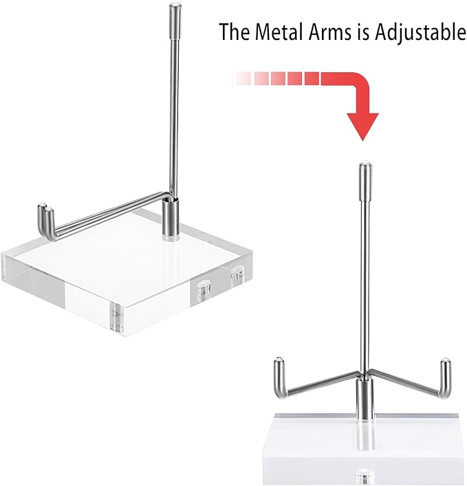 Hipiwe Clear Acrylic Display Stand Holder with Adjustable Metal Arms Display Easel Stands for Gemstones Fossils Minerals Agate Slabs Plates Crystals Saucers Collectibles, 3.1x3.1x4.9 inch