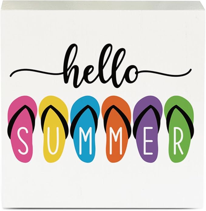 IYEZH Rustic Summer Wooden Sign - 5 x 5 Inches - Desk Decor, Wall Hanging, Office, Home, Farmhouse, Coastal, Beach, Porch