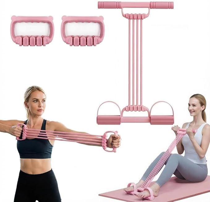 3 in 1 Adjustable Pedal Resistance Band, 8-Tube Multifunction Tension Rope, Natural Latex sit-up Trainer Resistance Band Suitable for Fat Loss and Full-Body Shaping Workout (Pink)