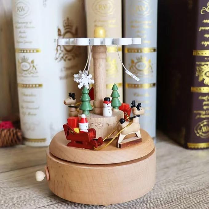 Natural Solid Wood Handcrafted Beech Wooden, Musical FigureTotoro/Carousel/Fairy/Ballerina Figurine,Rotating Hand Crank Mechanism Music Box,Musical Decorations (Merry Christmas)