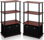 Furinno GO GREEN Storage Shelf Set of 2, 4-Tier Storage Rack with Bins, Book Shelf, Display Rack, with Storage Bins, for Organization and Storage, Living Room, Home Office, Dark Cherry