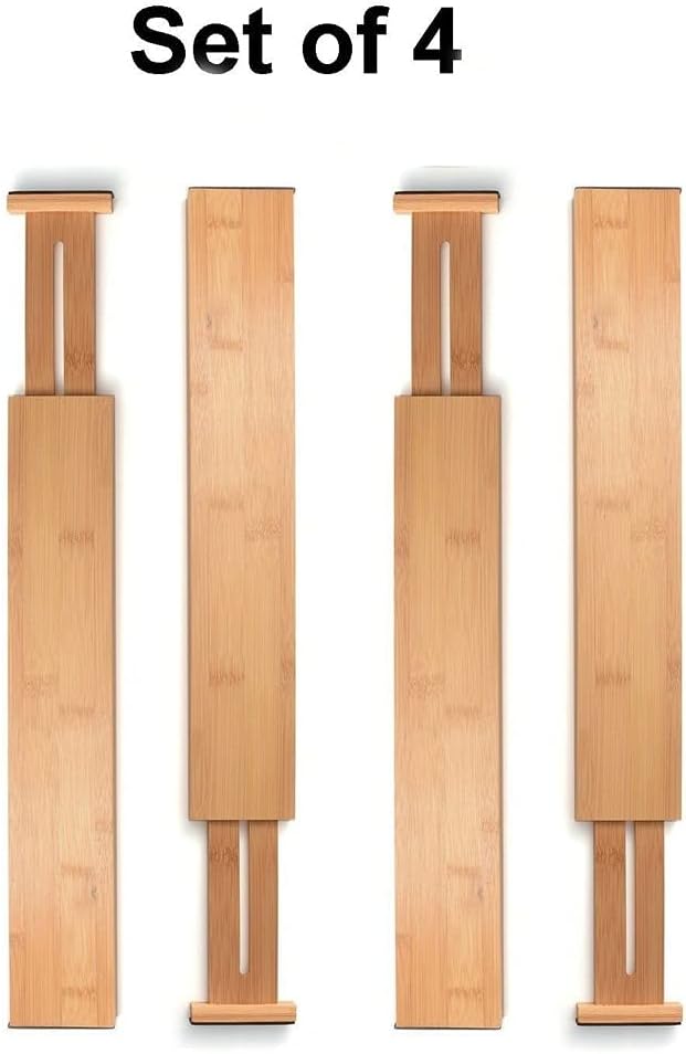 Bamboo Drawer Dividers Set of 4, Adjustable Drawer Organizers for Kitchen, Bedroom, Bathroom, Dresser & Office (17"-22")