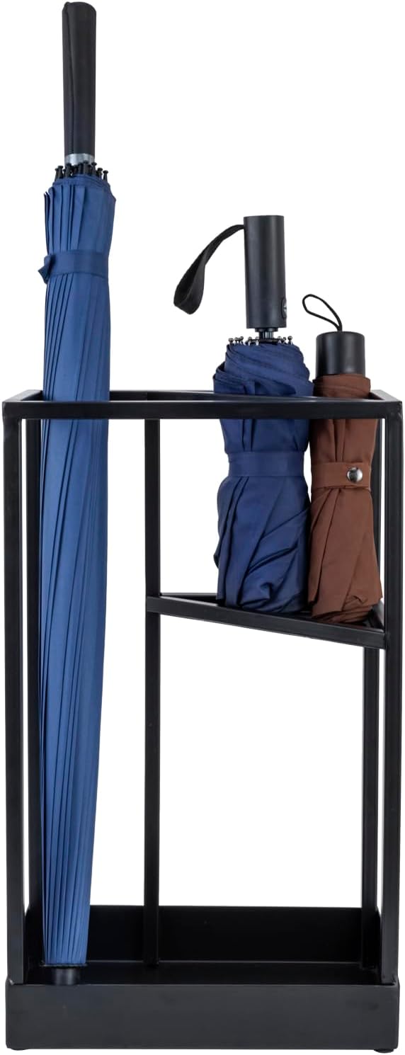 MyGift 20 Inch Tall Modern Brass Tone Metal Geometric Freestanding Entryway Umbrella Rack or Cane Holder with Shelf for Small Umbrellas and Bottom Drip Tray (Black-Large)