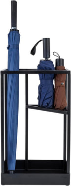 MyGift 20 Inch Tall Modern Brass Tone Metal Geometric Freestanding Entryway Umbrella Rack or Cane Holder with Shelf for Small Umbrellas and Bottom Drip Tray (Black-Large)