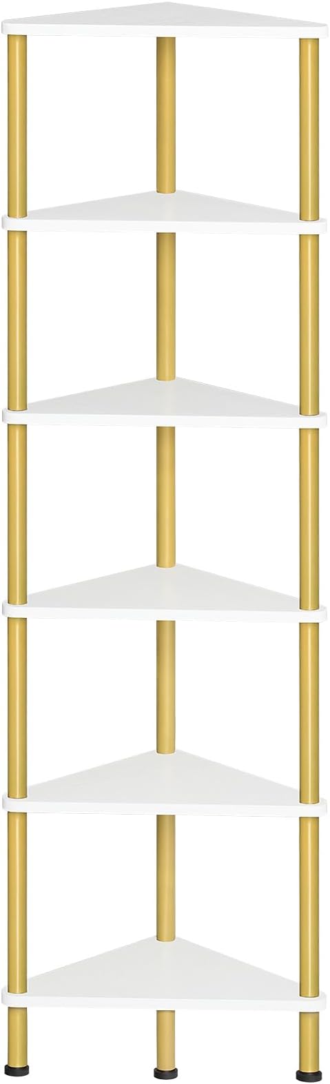 HOOBRO Corner Shelf Stand, Industrial 6-Tier Wall Corner Bookshelf with Metal Frame, Plant Display Shelf, Bookcase for Small Spaces, Living Room, White and Gold DW36CJ01