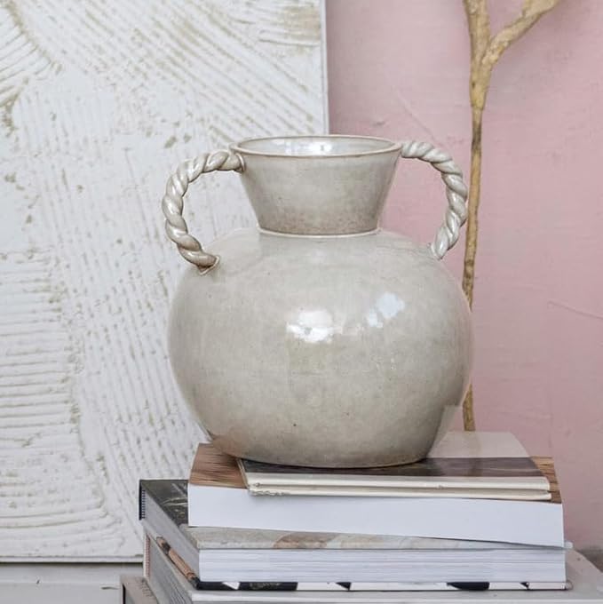 9.25 Inches Stoneware Vase with Twisted Handles and Reactive Glaze, Cream Color