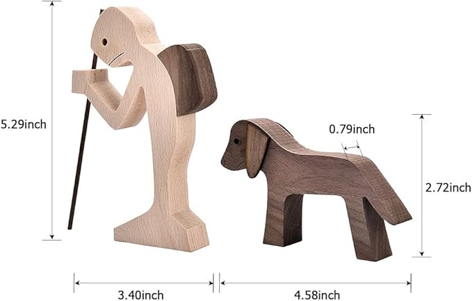 ISHINE Handmade Wooden Statue for Home Decor, Man and Dog Wood Figurine, Wood Decor Accents Craft Figurine for Bedroom Home Office Shelf Decor Gift Natural ECO Friendly