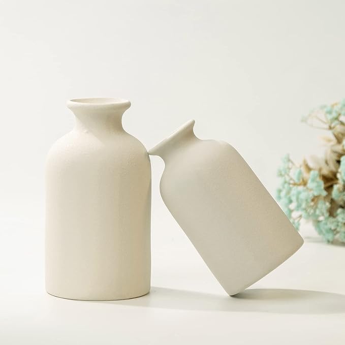 Hirdbrote Small Ceramic Vases for Decor, 2-Piece Set - Flower Vases, Modern Farmhouse & Rustic Home Decor, Wedding & Kitchen Centerpiece (5.5' & 4.7' Tall) (White)