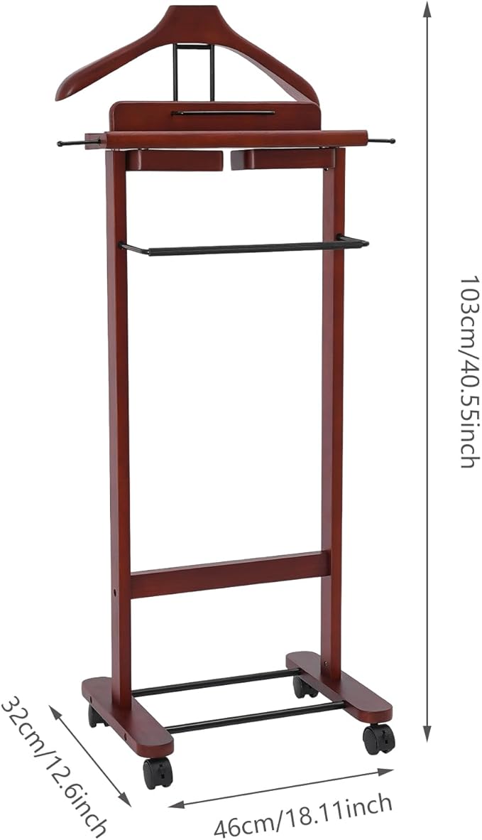 Suit Valet Stand for Men, Wood Suit Rack, Mens Valet Stand, Clothes Stand with Universal Wheels, Freestanding Clothing Stand for Home, Office, Hotel, Upscale Clubs