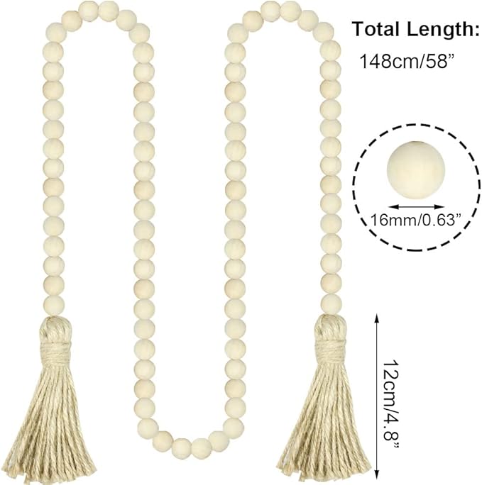 Sivya 2Pcs Wood Bead Garland With Tassels, Rustic Farmhouse Decor for Tiered Tray and Wall (Natural Wood, 58in/2Pcs)