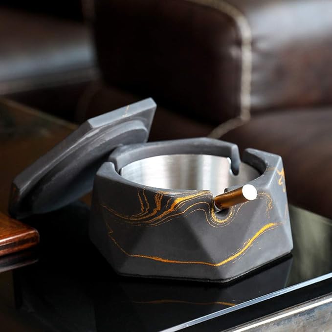 FREELOVE Concrete Ashtray with Lid & Stainless Steel Ashtrays for Cigarettes, Cement Ash Tray Smoking Holder Indoor Smokeless Outdoor Windproof Patio Home Office Cool Decor(Black-Gold, Small)