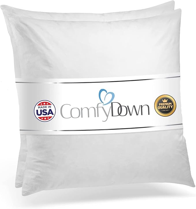 ComfyDown Set of Two 24X24 Decorative Throw Pillow Insert, Down and Feathers Fill, 100% Cotton Cover 233 Thread Count, Square Pillow Insert - Made in USA