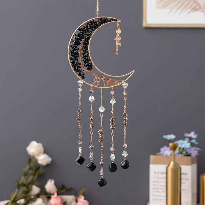 Agate Moon Dream Catchers with Crystal 7 Chakra Gemstone Dream Catchers Color Natural Gem Agate Wall Hangings Room Garden Dreamcatchers Decor (Black)