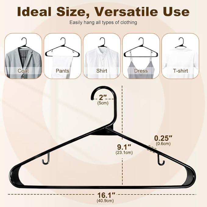 HOUSE DAY Black Plastic Hangers 30 Pack, Plastic Clothes Hangers with Built-in Strap Hooks, Space Saving Slim Hanger for Closet Organizers and Storage, Durable Clothing Hanger for Shirts Blouses Tops