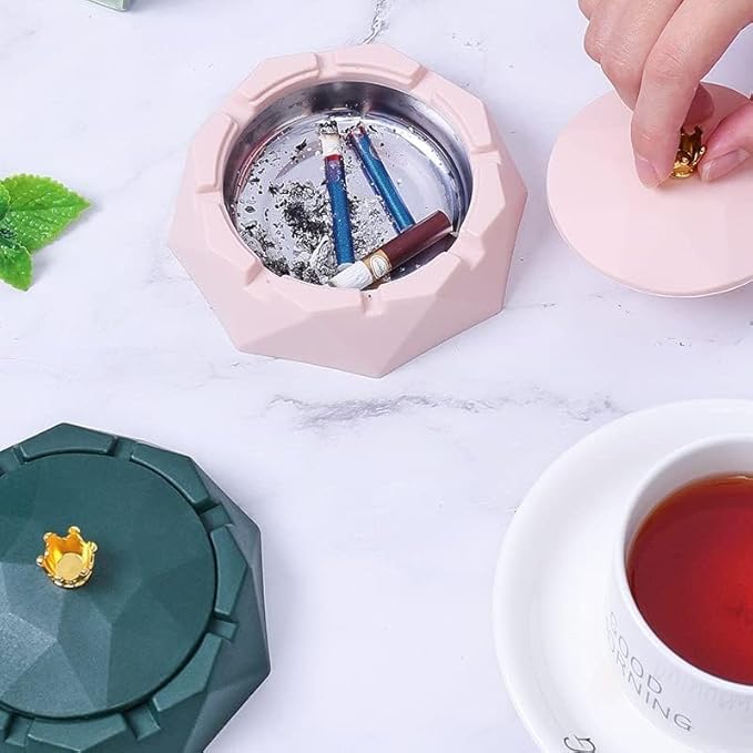 Pink Crown Stainless Steel Ashtray with Lids, Cigarettes Ashtray for Indoor or Outdoor Use, Windproof, Ash Holder for Smokers, Desktop Smoking-Ash Tray for Home, Office Decoration,