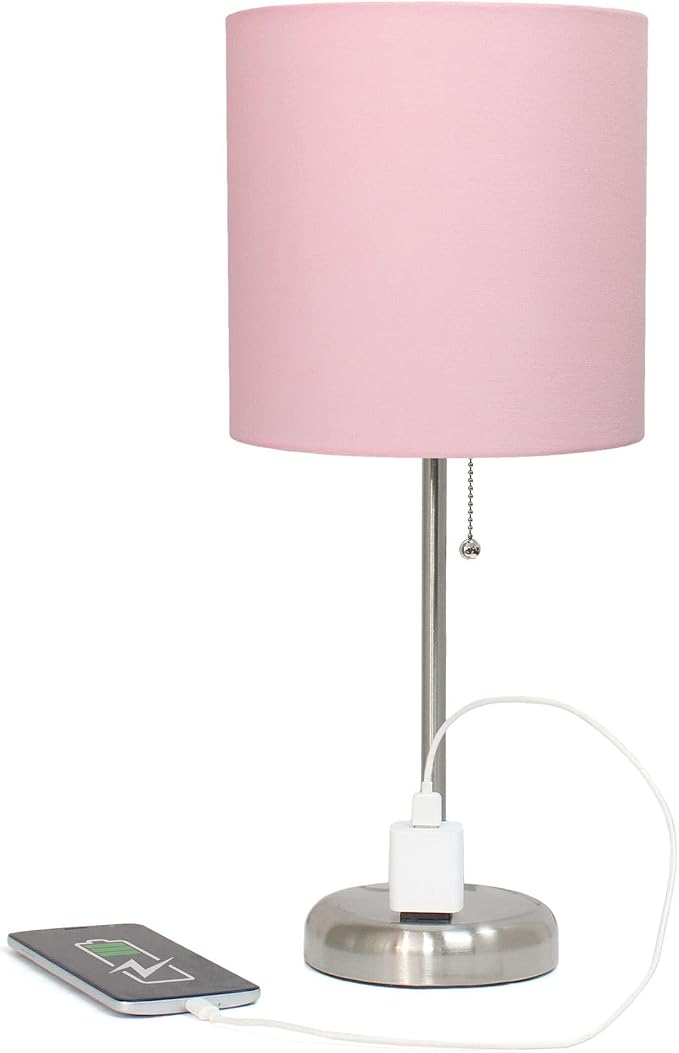 Oslo 19.5" Contemporary Bedside Power Outlet Base Standard Metal Table Desk Lamp in Brushed Steel with Light Pink Drum Fabric Shade