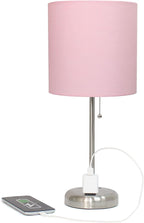 Oslo 19.5" Contemporary Bedside Power Outlet Base Standard Metal Table Desk Lamp in Brushed Steel with Light Pink Drum Fabric Shade