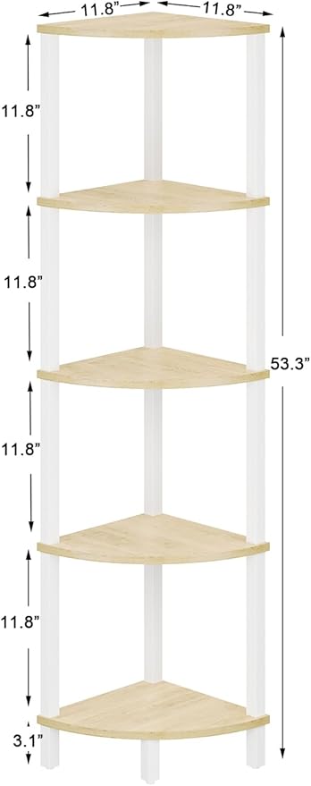 VIMBER Corner Shelf, 5-Tier Corner Bookshelf, Industrial Corner Ladder Shelf, Rustic Display Shelf for Living Room, Bedroom, Kitchen, Home Office, White and Nature Wood Color UJSJ001Q