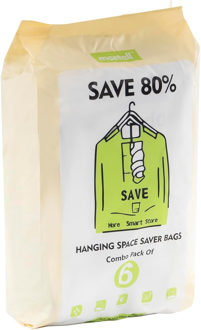 Meetall 6Pack Hanging Vacuum Storage Bag Reusable Space Saver Compressed Bag with Hangers.3pcs in 26.3x35.4inch(67x90cm) and 3pcs in 26.3x43.3inch (67x110cm).Work with Any Vacuum Cleaner.
