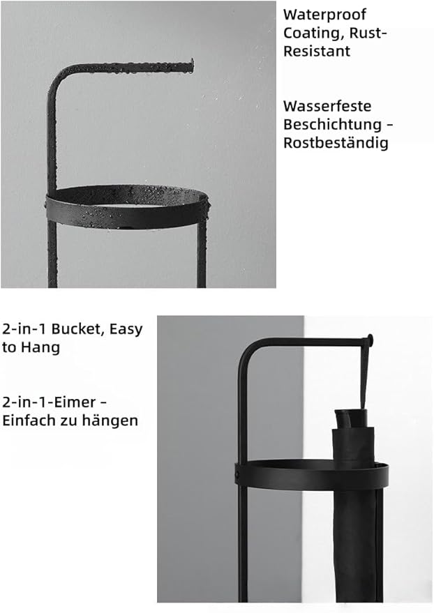 Modern, Minimalist Black Metal Freestanding Umbrella Stand – 2-in-1 Use – Dimensions 22 x 22 x 65 cm