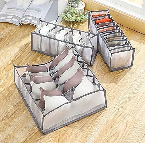 3 Set Underwear Organizer, Foldable Bra Underwear Drawer Organizer Divider Bins for Underwear, Socks, Ties, Bras, Underwear Storage Compartment Box (Gray)