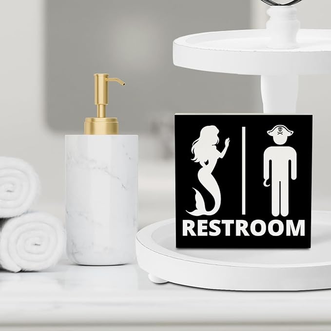 Nautical Bathroom Decor Pirate Mermaid Bathroom Decor Restroom Sign Summer Decorations Wooden Box Sign for Home Office Farmhouse Table Shelf