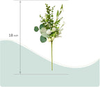 vivimemo 6 Pcs Summer Green Stems, 18 inch Artificial Eucalyptus Stem with White Florals for Home, Party & Wedding Decor Green Picks for Table Fireplace Vase DIY Wreath Decor