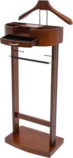 Wood Suit Rack, 22.05Lbs Capacity Freestanding Clothing Valet Stand Floorstanding Valet Stand Clothing Rack Organizer w/Shoe Shelf for Hallways Hotels Office & Shopping Malls (Brown)