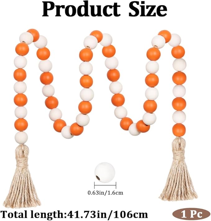 CREATCABIN 42 Inch Wood Bead Garland Decor Rustic Country Farmhouse Boho Home Orange White Wooden Beads Tassel Wall Hanging Ornaments for Coffee Table Wall Shelf Tray Vase Living Room Bedroom