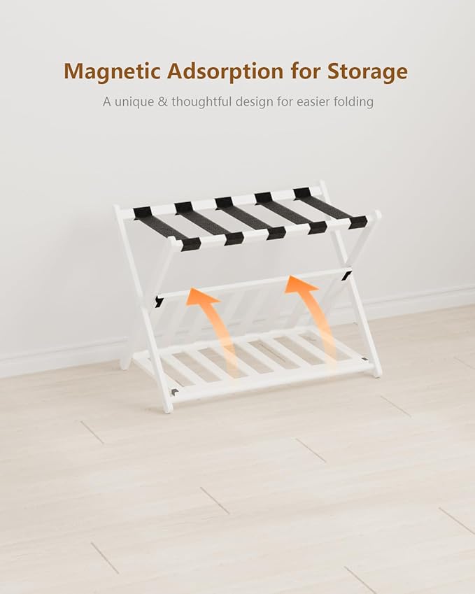 Luggage Racks, Set of 2 Folding Luggage Rack for Guest Room, Bamboo Suitcase Stands with Nylon Straps, X-Shape Heavy Duty Luggage Holder, Suitcase Holder for Guest Room, Hotel, Bedroom, White