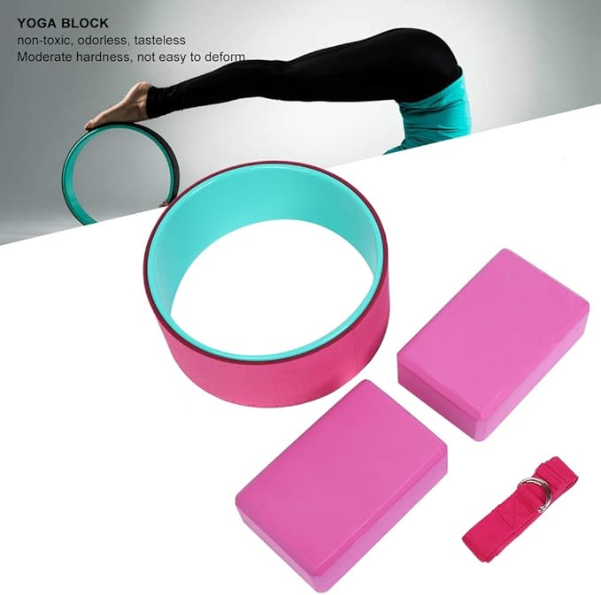 Yoga Wheel Set, 4 in 1 Yoga Wheel Yoga Block Yoga Stretch Belt Strap,Perfect Yoga Accessory for Stretching Massage and Improving Backbends Back Pain, Yoga Starter Kit for Beginner