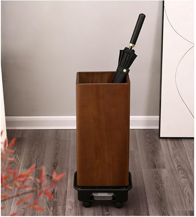 zktoermn Square Umbrella Stand Rack with Wheels, Wooden Umbrella Organizer Bin, Retro Indoor Umbrella Holder for Entryway, Office, Home(Brown,21x15x58cm)