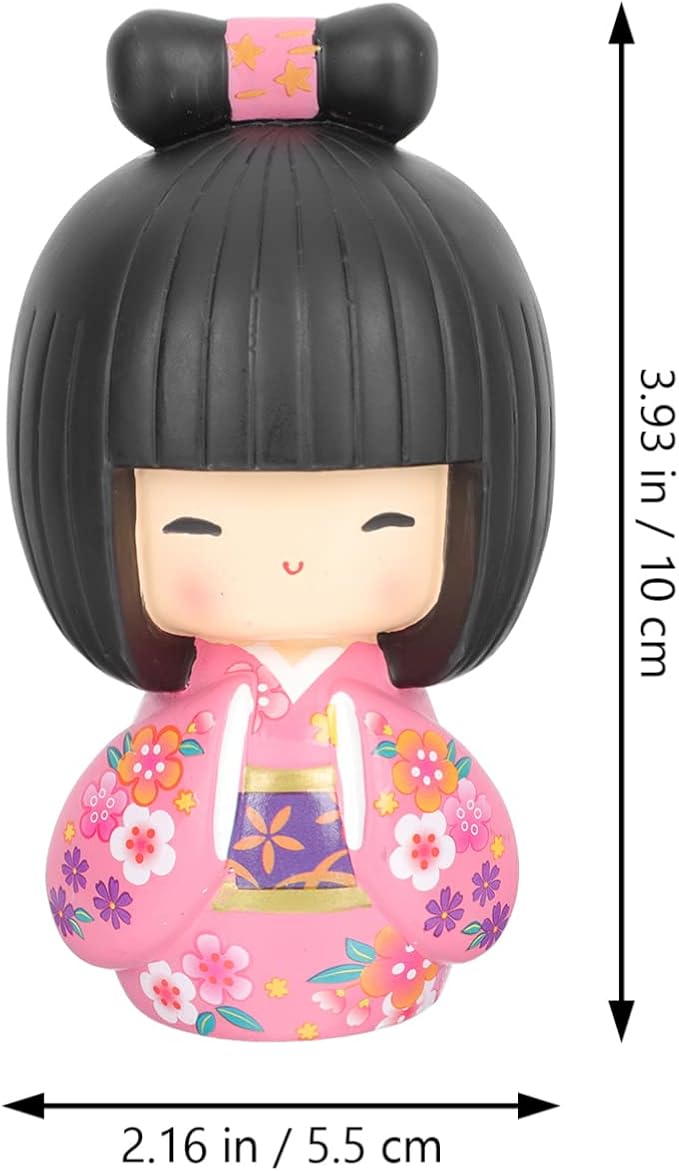 Japanese Kokeshi Doll Girl in Kimono Collectible Figurines Traditional Crafts Oriental Geisha Statue for Office Bar Home Party Table Decoration Pink