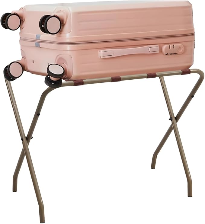 Kings Brand Furniture Anderson Folding Luggage Rack - Suitcase Stand With Storage Shelf - Folding Luggage Rack for Guest Room and Bedroom - Sturdy Portable and Stylish Metal Suitcase Stand - Gold