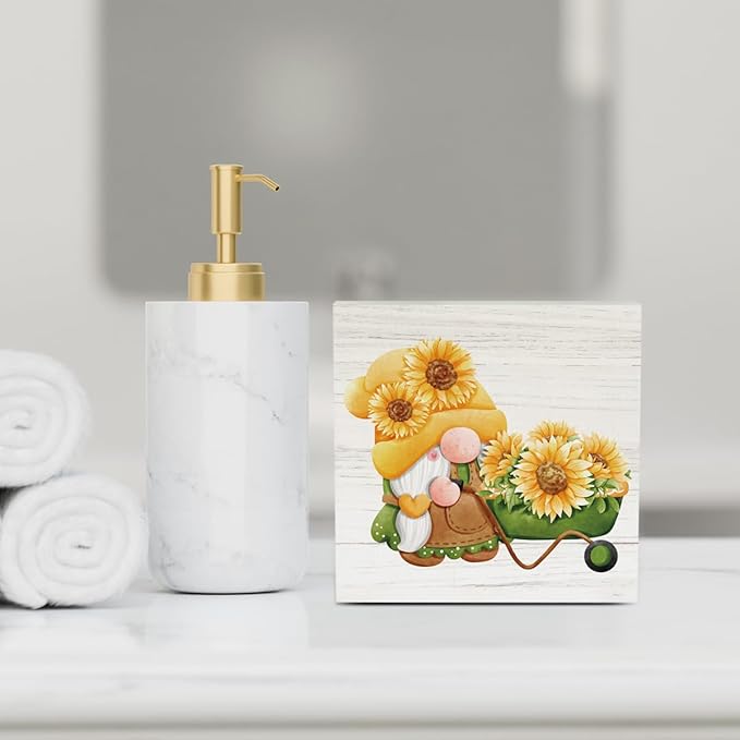 Farmhouse Sunflower Gnome Wooden Box Sign Rustic Country Sunflowers Truck Box Sign Wood Sign Decor Summer Square Wood Sign Home Desk Tabletop Shelf Decor 5 x 5