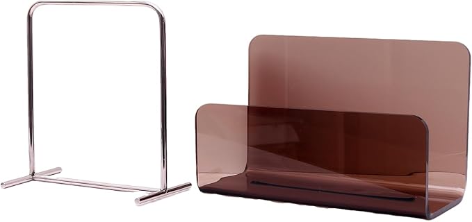 Magazine Holder, Brown Clear Acrylic with Stainless Steel Handle, Tabletop Display Stand