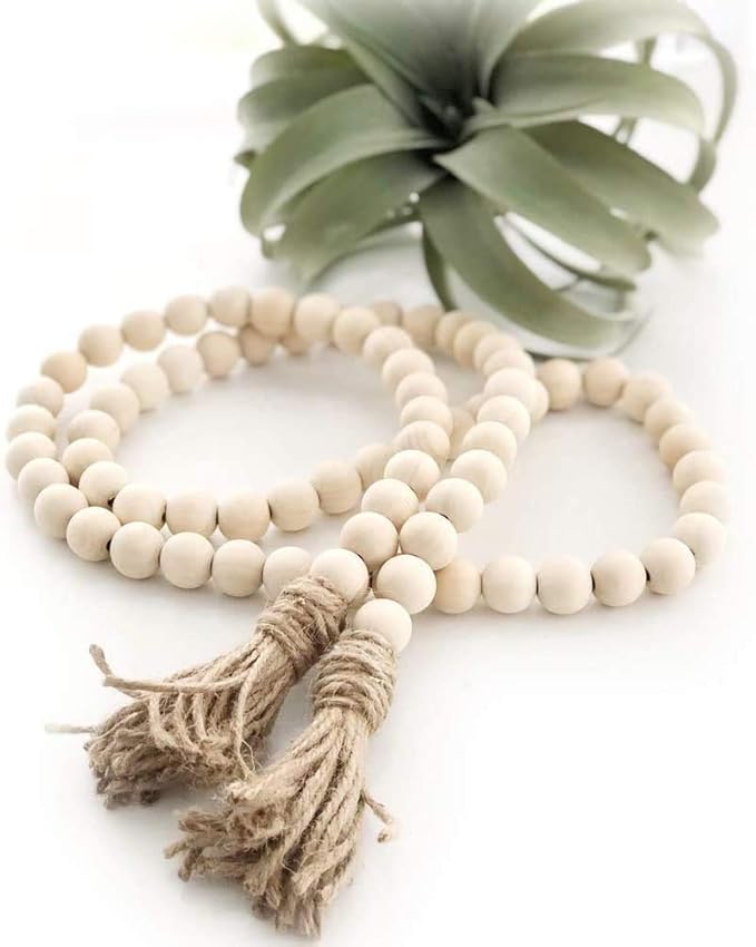 LSKYTOP 60 Inches Wood Bead Garland with Tassel,Farmhouse Rustic Prayer Boho Wooden Beads for Tiered Tray Coffee Table Mantel Decor (4Pack)