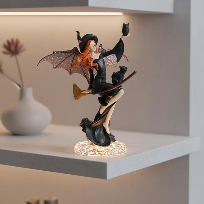 Comfy Hour 9" Dark Fairy Witch Figurine on Broom, Fantasy Sorceress with Black Cat Statue, Mystical Home Office Desktop Decor Accent, Polyresin Artisan Crafted Sculpture, 1 Piece