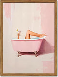 Funny Pink Girl Bathroom Wall Art, Cute Girly Bathtub Wall Decor Painting Trendy Pastel Woman and Martini Bathroom Poster Canvas Print Artwork 12x16 inch Framed