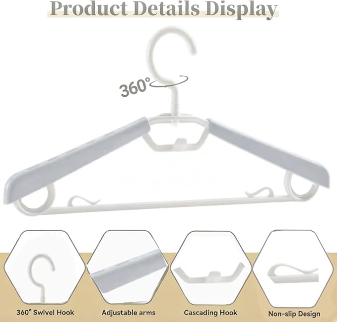 6-Pack Heavy Duty Plastic Extra-Wide Arm 15"-23" Suits Clothes Hangers with Swivel Hooks,Perfect for Coat,Jacket,Dress,Shirt,Trousers or Closet Space Saving,White