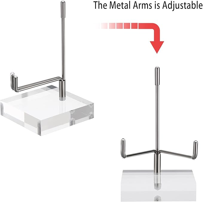 Hipiwe Adjustable Metal Arms Display Stand Easel with Acrylic Base Small Display Easel Holder for Fossil Coral Geodes Rock Mineral Agate Crystals Seashell and Small Collectibles, 2x2x3.1 inch