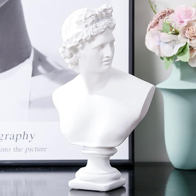 11.8 Inch Classic Greek White David Man Bust Statue, Large Resin Roman Goddess Apollo Sculpture for Home Décor
