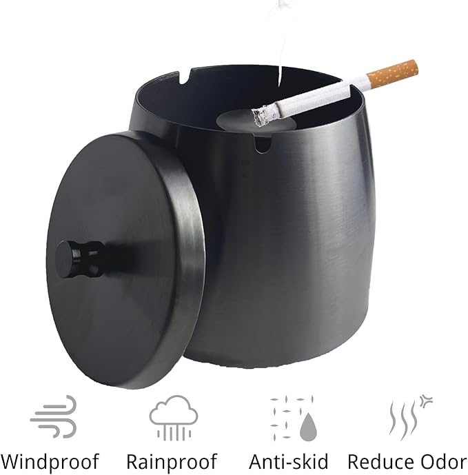 Ash Tray, Large Outdoor Ashtray with Lid, Ashtray for Outside Patio, Stainless Steel Windproof Smokeless Ash Tray for Balcony, Ashtrays for Smokers, Home Office Decoration