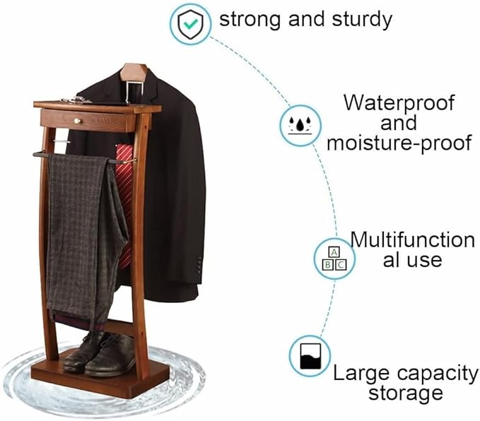 Suit Valet Stand with Tray, Wood Valet Stand for Men, Floor Standing Clothes Valet Stand, Valet Stand for Office Living Room Bed Room 44.4X30X112.2CM (Black)