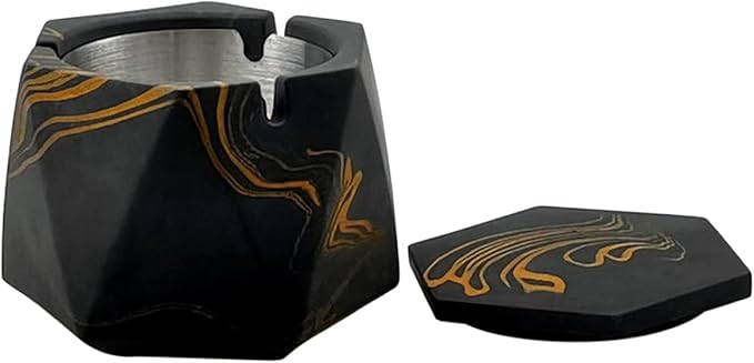 FREELOVE Concrete Ashtray with Lid & Stainless Steel Ashtrays for Cigarettes, Cement Ash Tray Smoking Holder Indoor Smokeless Outdoor Windproof Patio Home Office Cool Decor(Black-Gold, Large)
